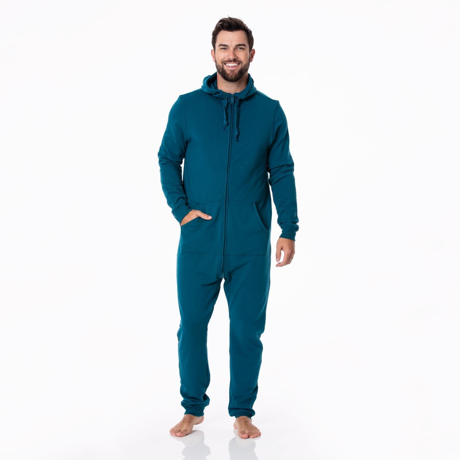 Adult Fleece Jumpsuit with Hood in Peacock