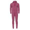 Print Adult Fleece Jumpsuit with Hood in Berry Cow
