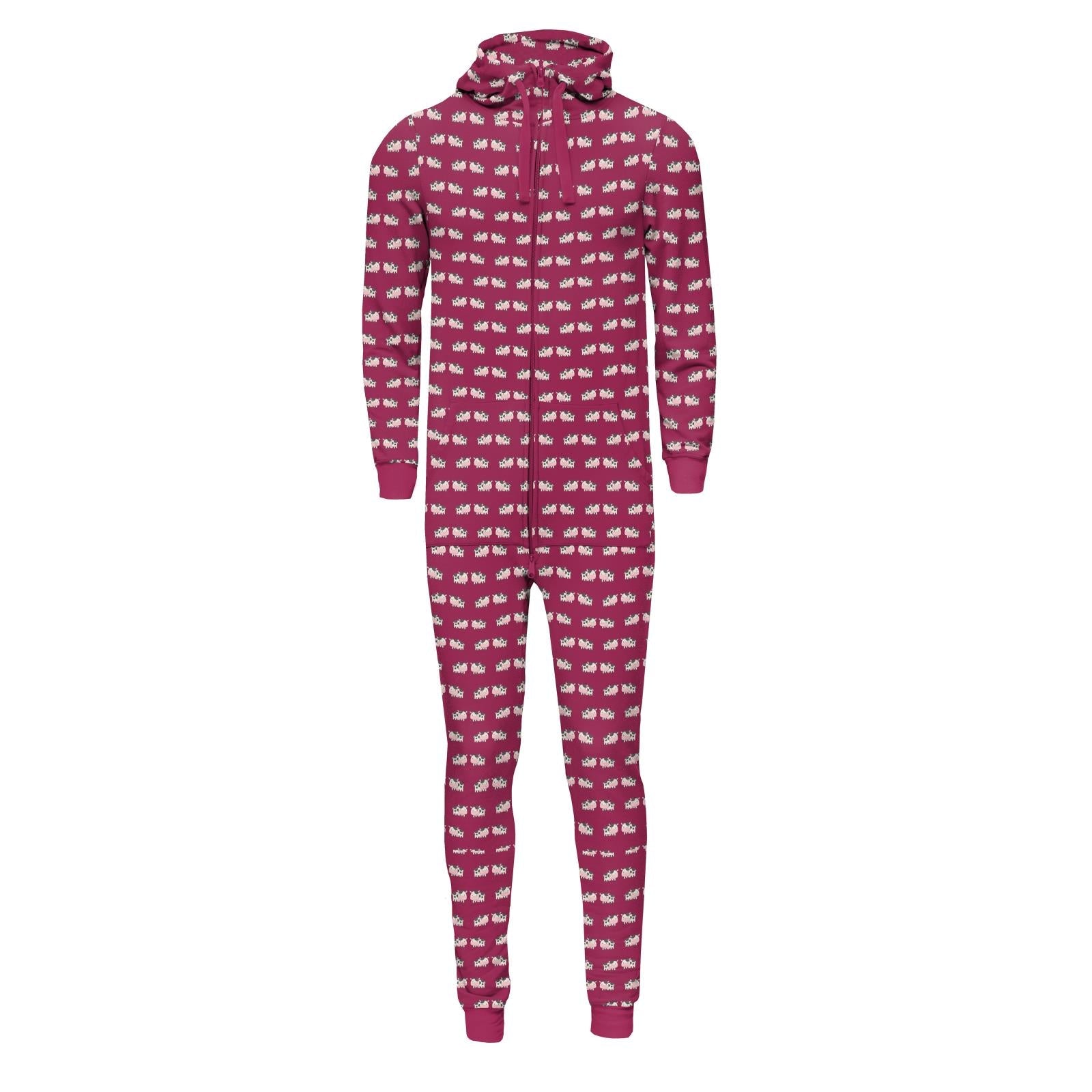 Print Adult Fleece Jumpsuit with Hood in Berry Cow