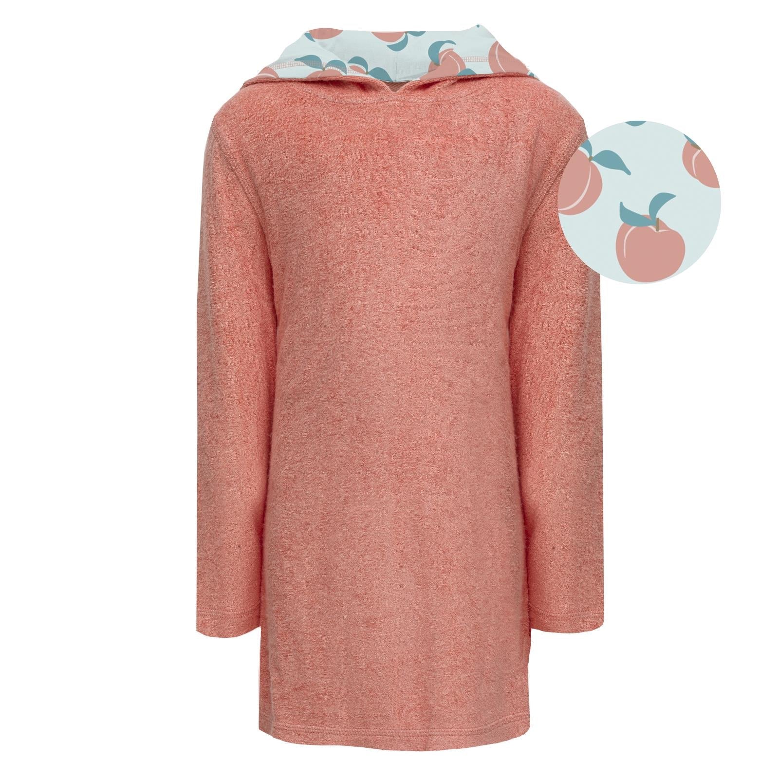 Terry Pull-over After Swim Robe in Blush with a patterned hood featuring peaches and leaves