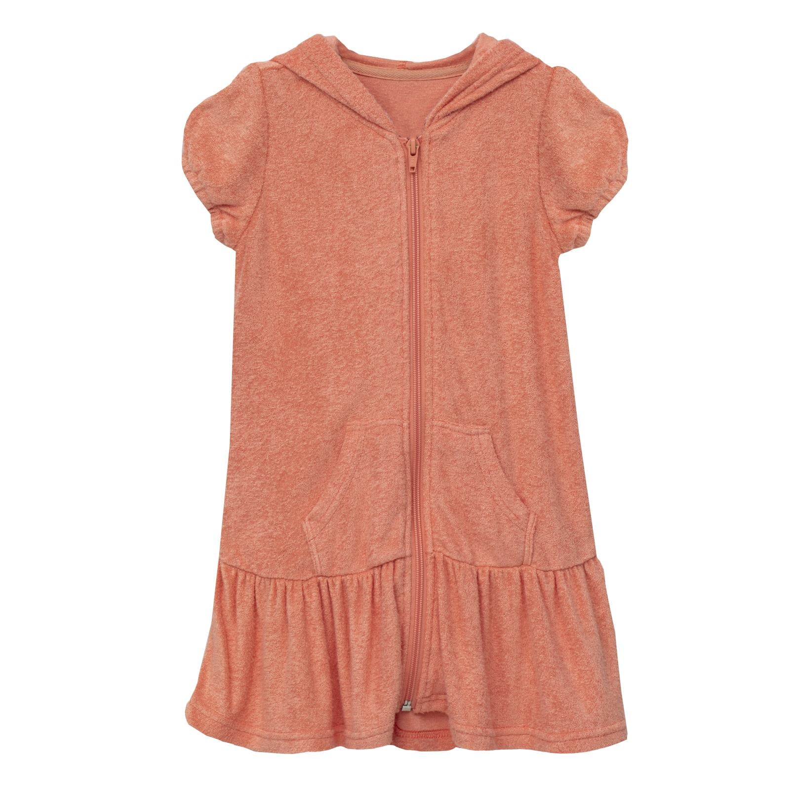 Terry Ruffle Swim Cover-Up in Blush with puff sleeves, hood, and ruffled hem.