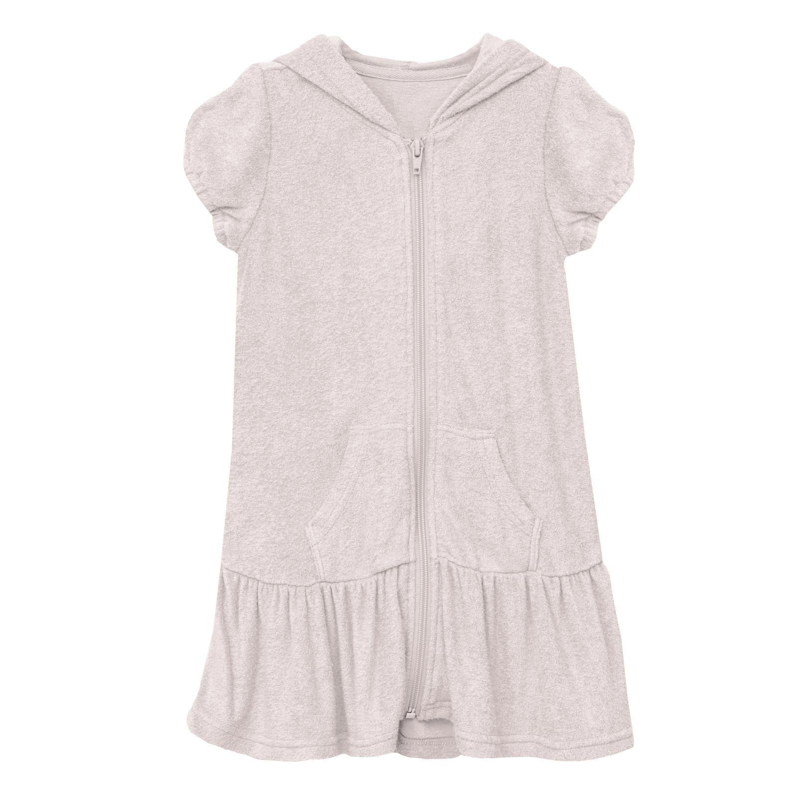 Terry Ruffle Swim Cover-Up in Macaroon pink with hood and zip front closure