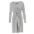 A woman's mid-length lounge robe in Heathered Mist, featuring long sleeves, a waist tie, and front pockets, displayed on a clean white background.