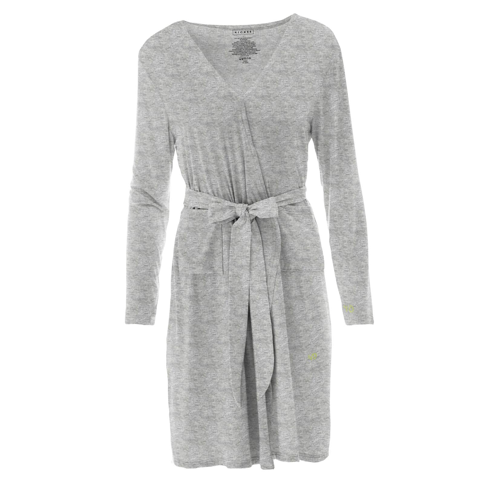 A woman's mid-length lounge robe in Heathered Mist, featuring long sleeves, a waist tie, and front pockets, displayed on a clean white background.