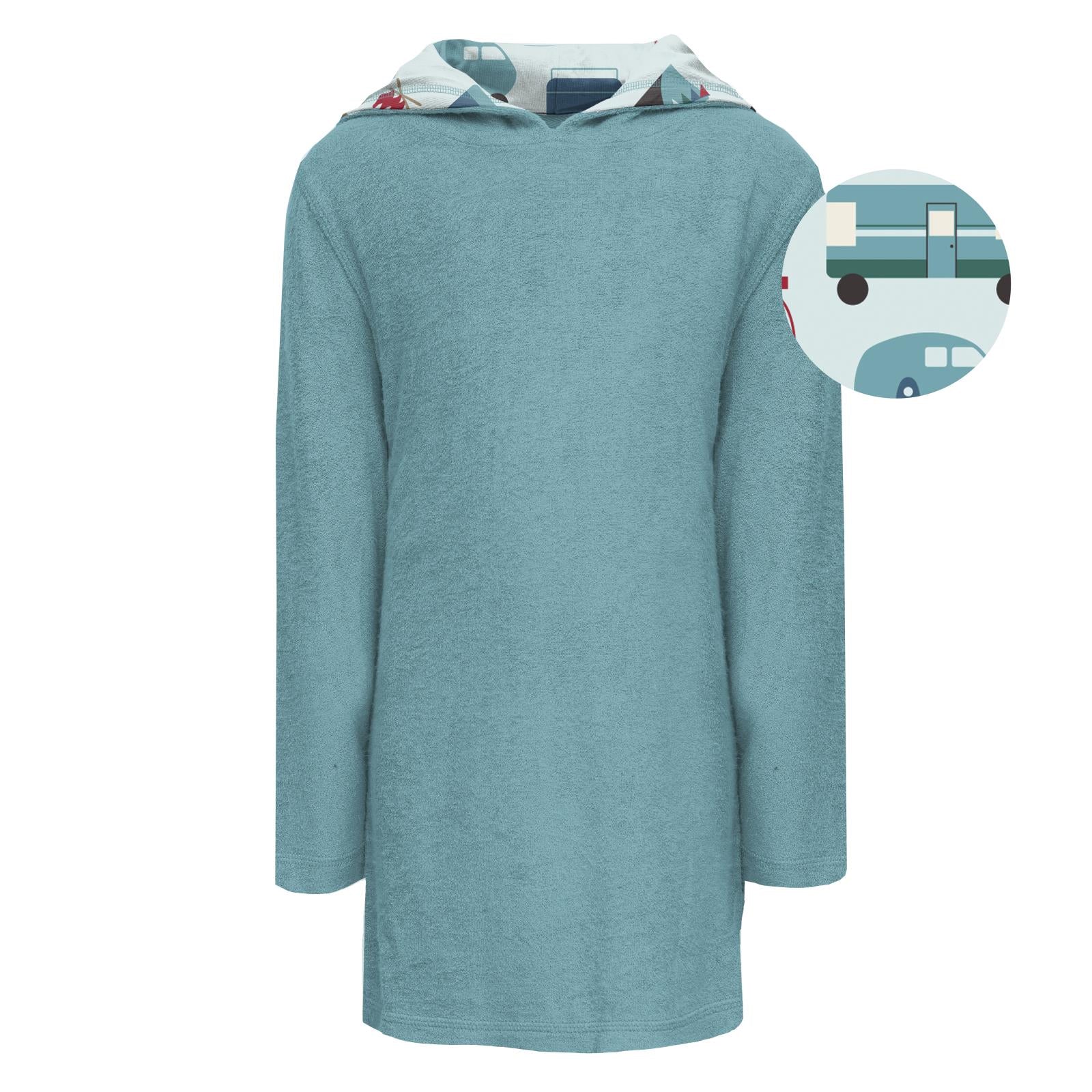 Terry pull-over after swim robe in Glacier color with camping trailer print