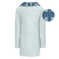Women's light blue cotton pull-over swim robe with navy blue firefly print lined hood