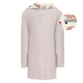 Child wearing a soft oatmeal-blush Terry Pull-over After Swim Robe with a camping print hood.
