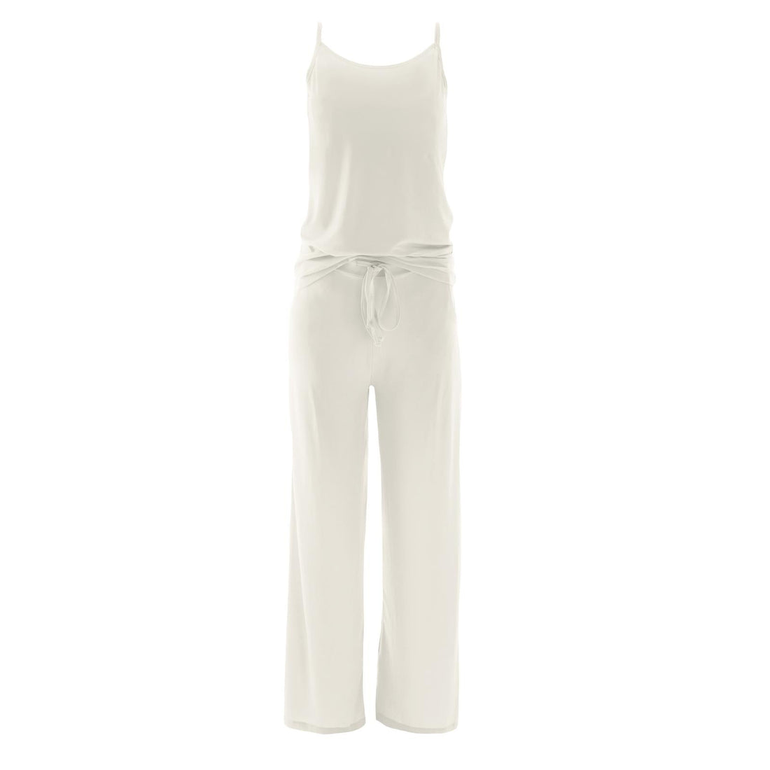 Women's cami and lounge pants pajama set in natural color, showing a spaghetti strap top and matching wide-leg drawstring pants.