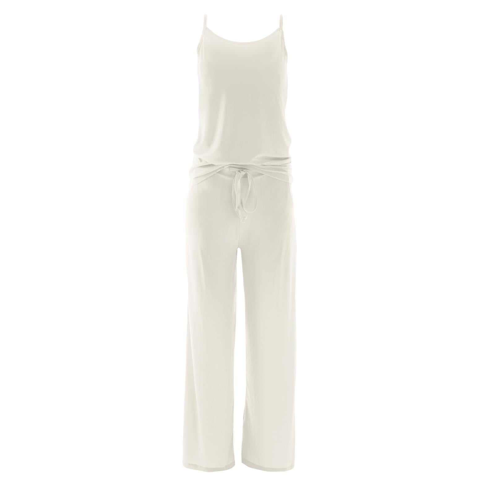 Women's cami and lounge pants pajama set in natural color, showing a spaghetti strap top and matching wide-leg drawstring pants.