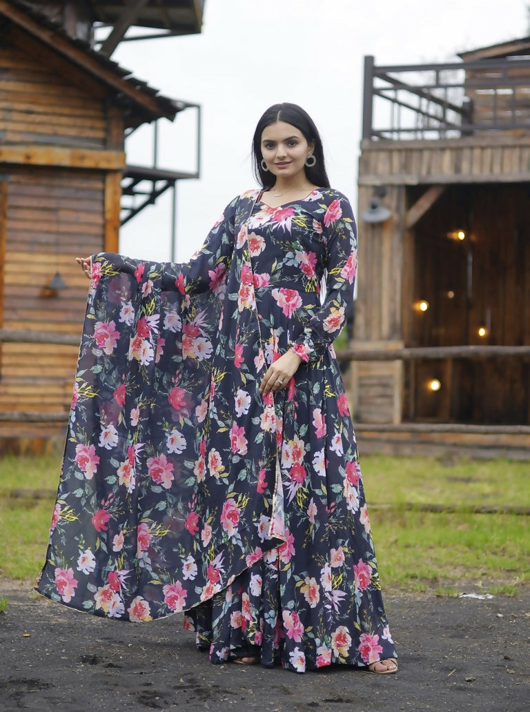Black faux georgette Anarkali dress with vibrant floral digital print