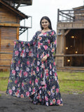 Black faux georgette Anarkali dress with vibrant floral digital print