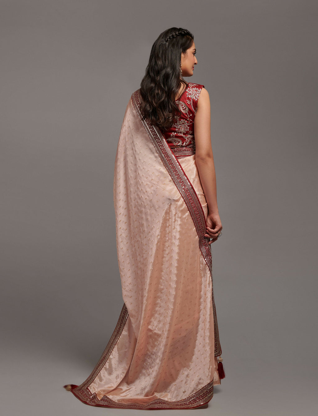 PR Fashion Peach Chinon Embroidery Lace Saree