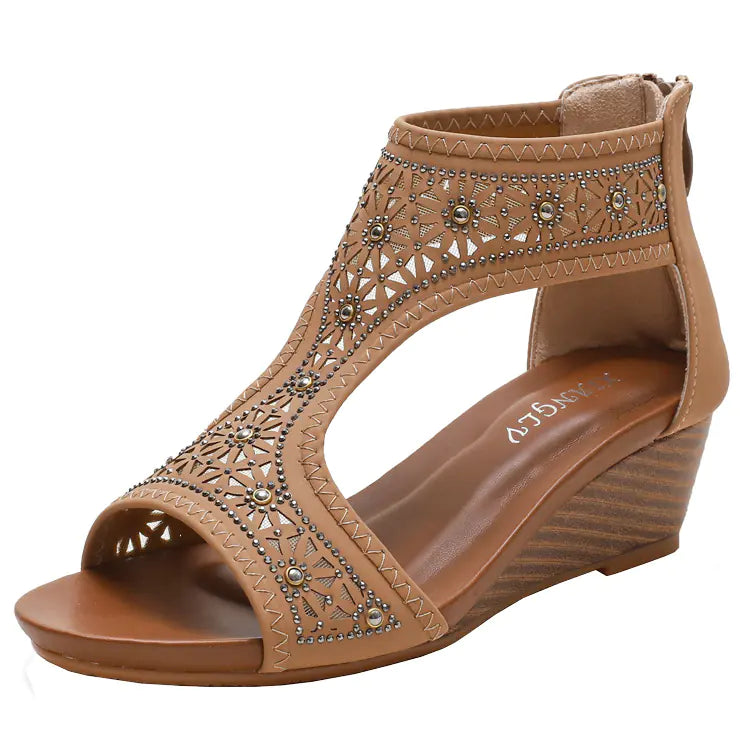 Women's Bohemian Wedge Sandals with Laser Cut Detailing - Image 4