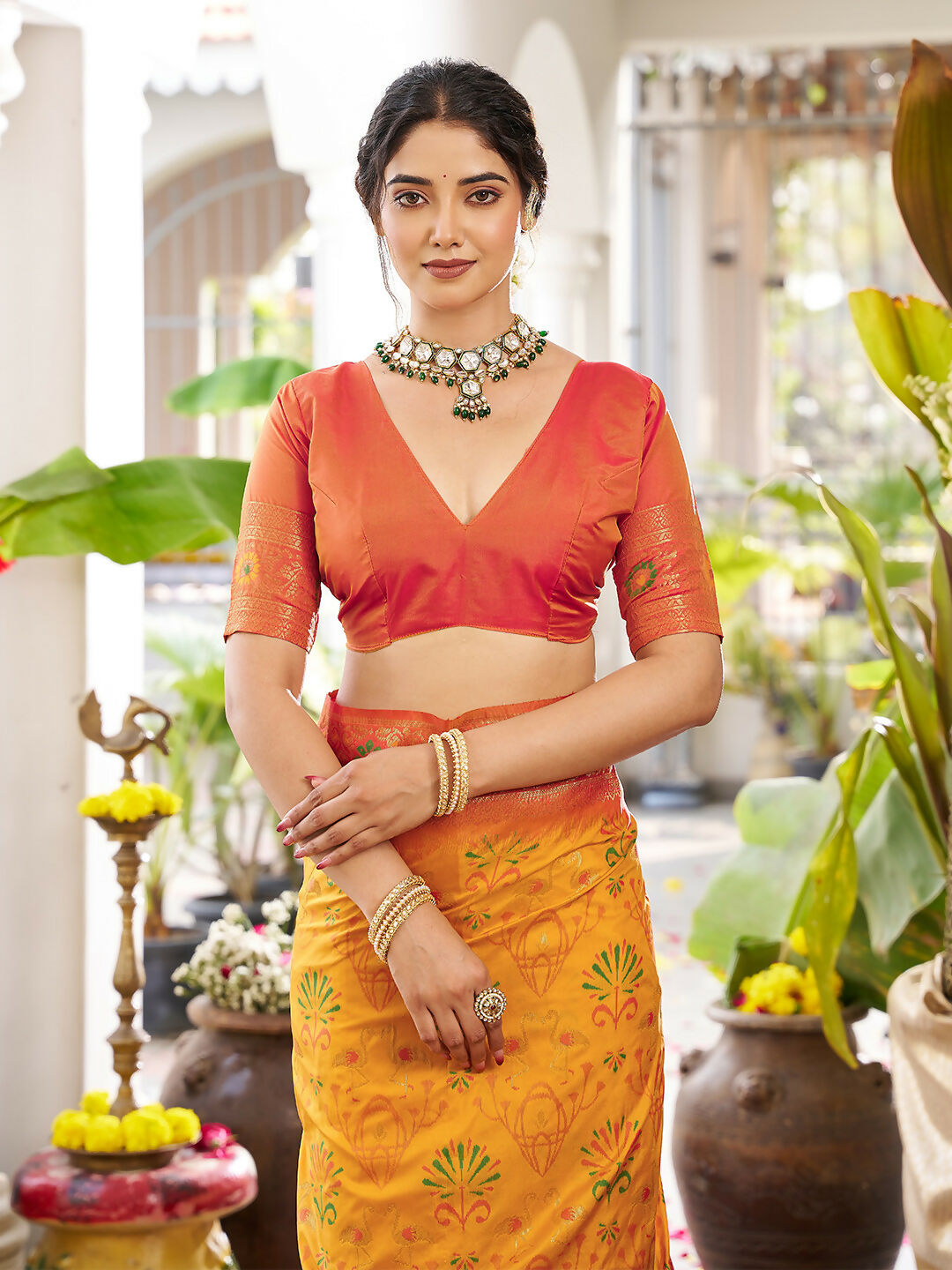 Yellow Soft Silk Saree with Contrast Orange Blouse Piece