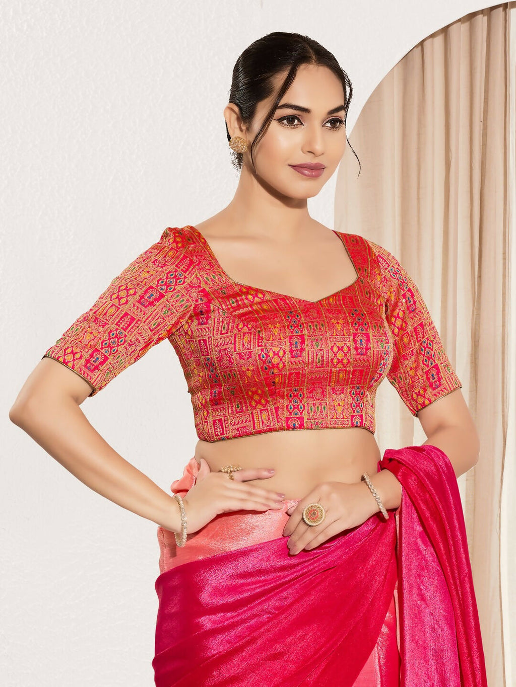 Red Brocade Padded Blouse with Round Neck and Elbow Sleeves