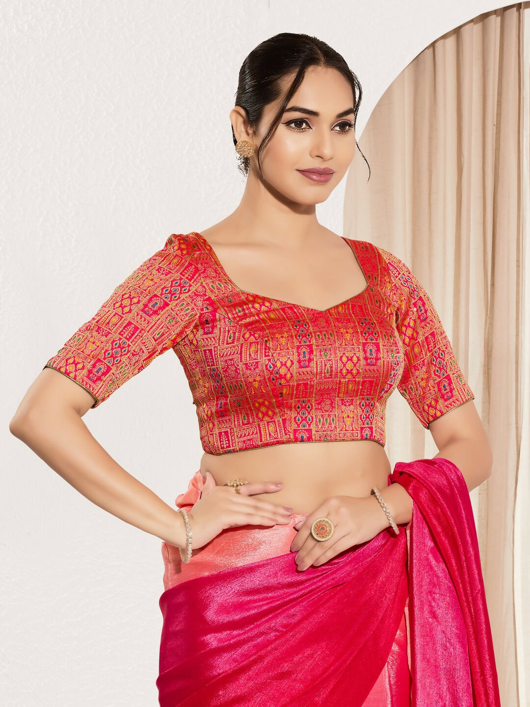 Red Brocade Padded Blouse with Round Neck and Elbow Sleeves