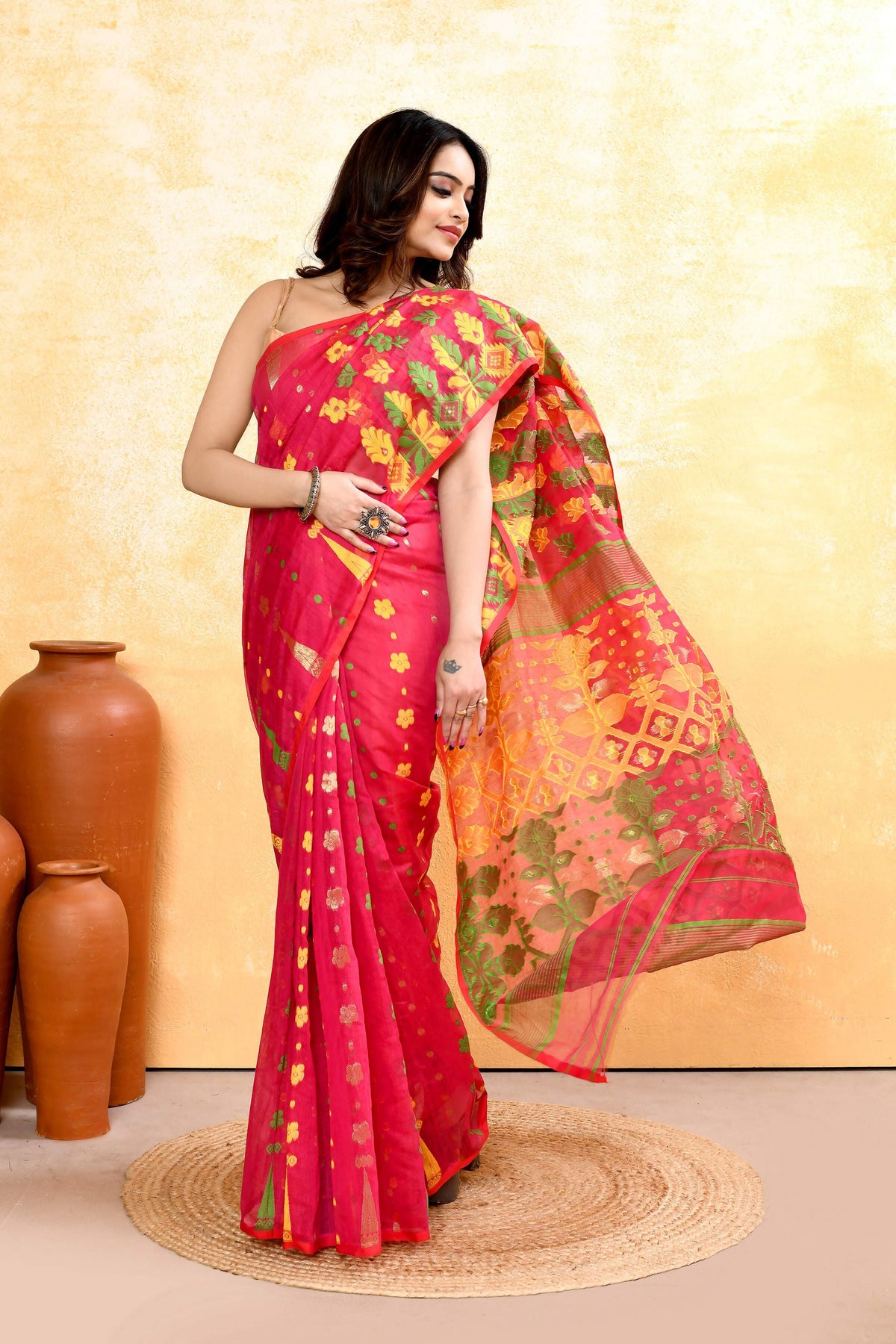 Red Embellished Cotton Blend Jamdani Saree for Women