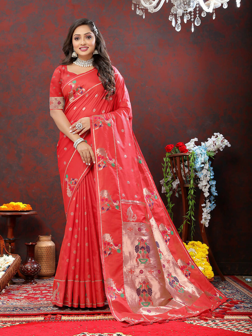Red Soft Paithani Silk Saree with Copper Zari Meenakari