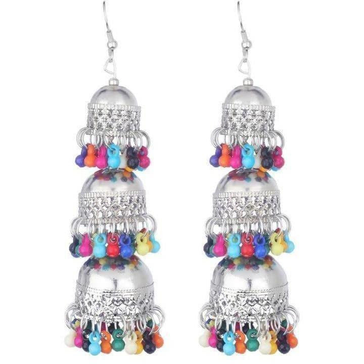 Traditional hanging jhumka earrings featuring multicolor pearl tassels