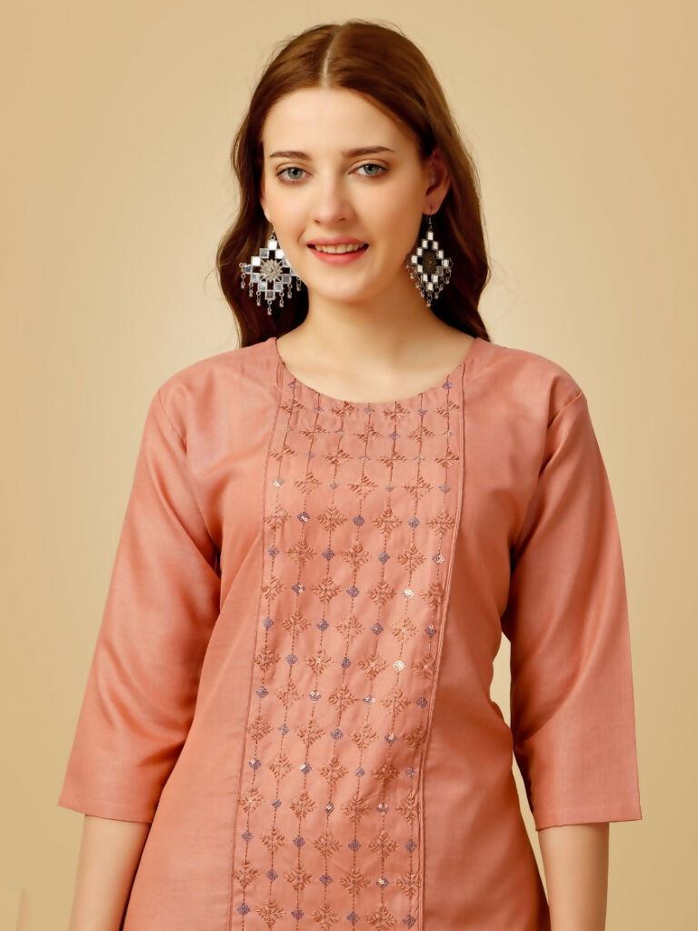Women's Gajri Cotton Blend Embroidered Straight Kurta Pant Set