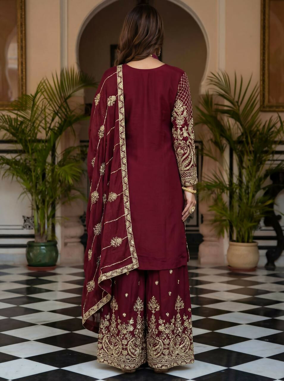 Maroon Silk Embroidered Sharara Set with Traditional Kurti