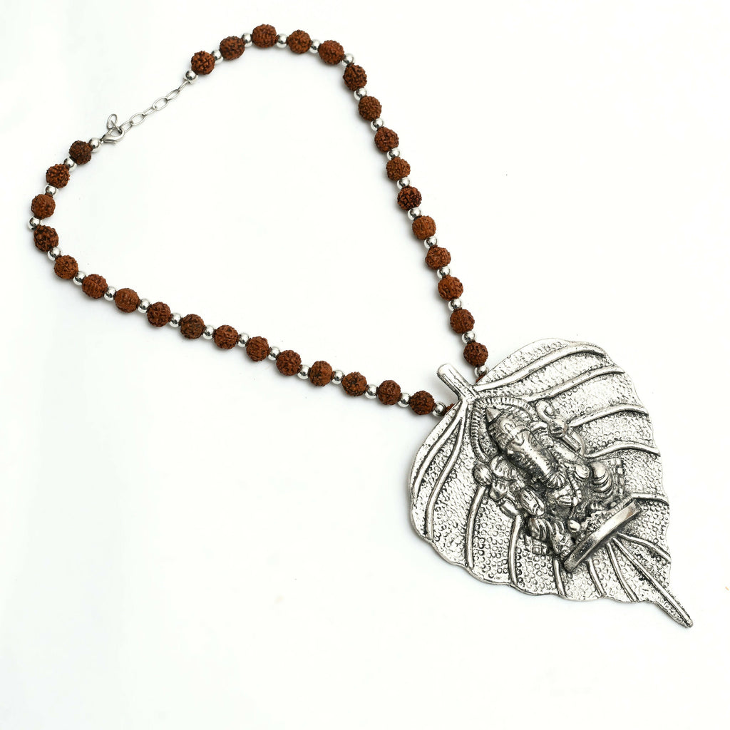 Oxidised silver-plated brass long necklace featuring a Ganesha design