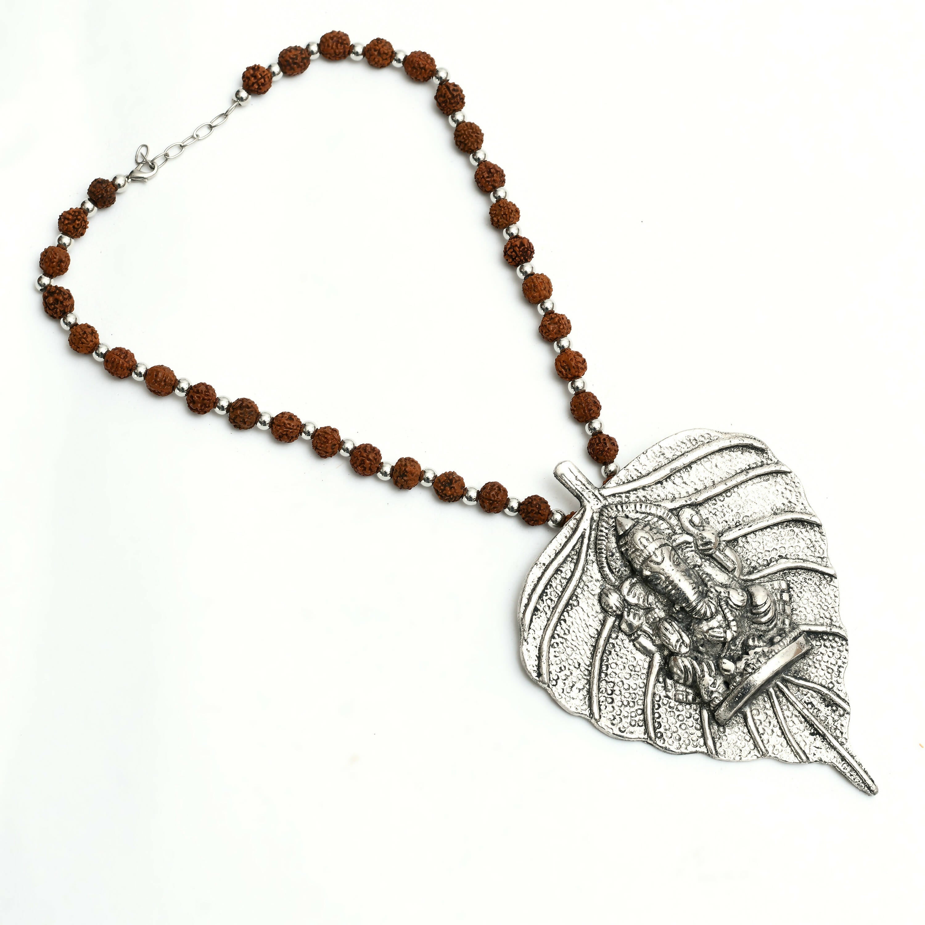 Oxidised silver-plated brass long necklace featuring a Ganesha design