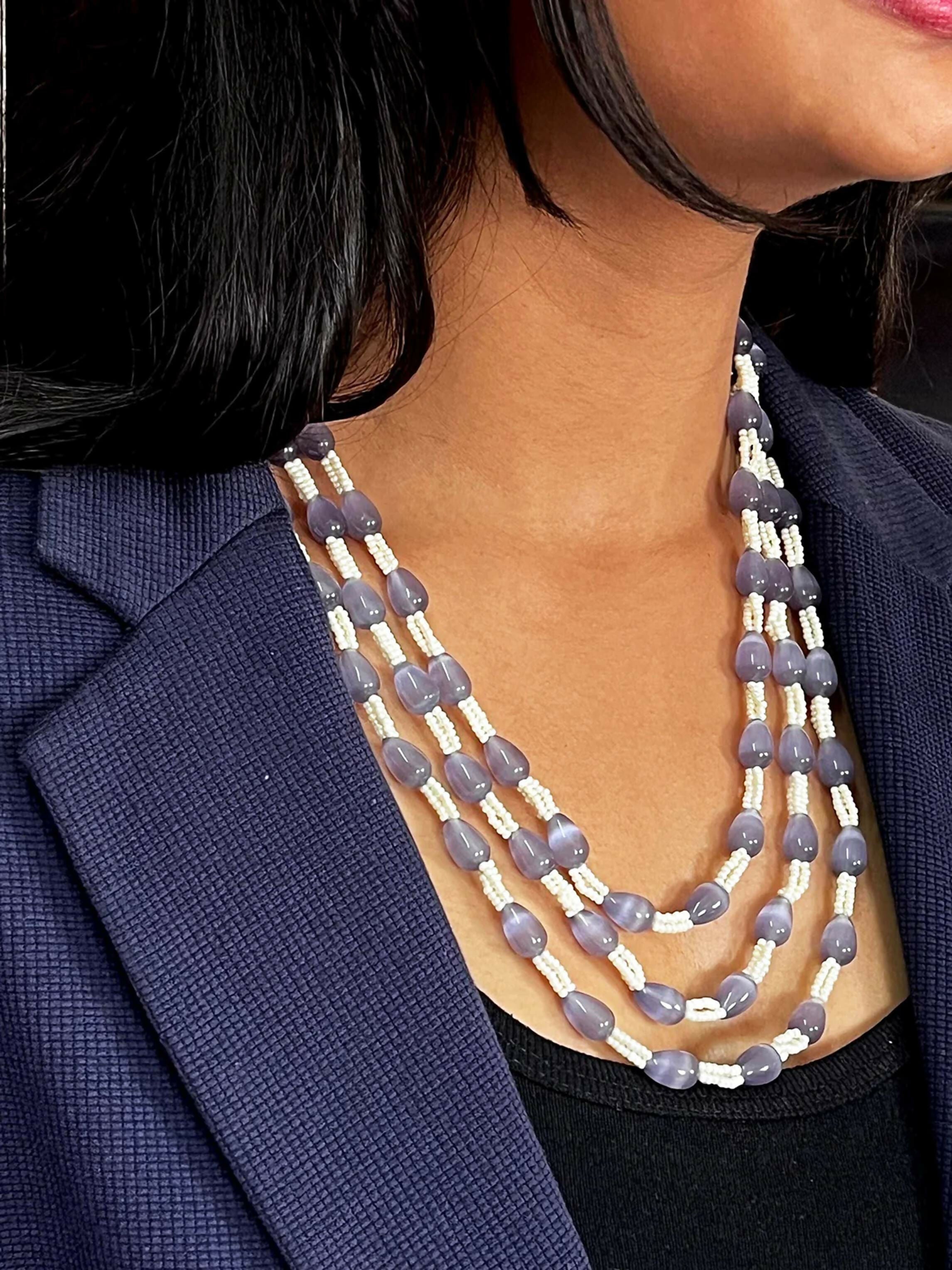 Three layered mala necklace in grey glass beads with adjustable dori