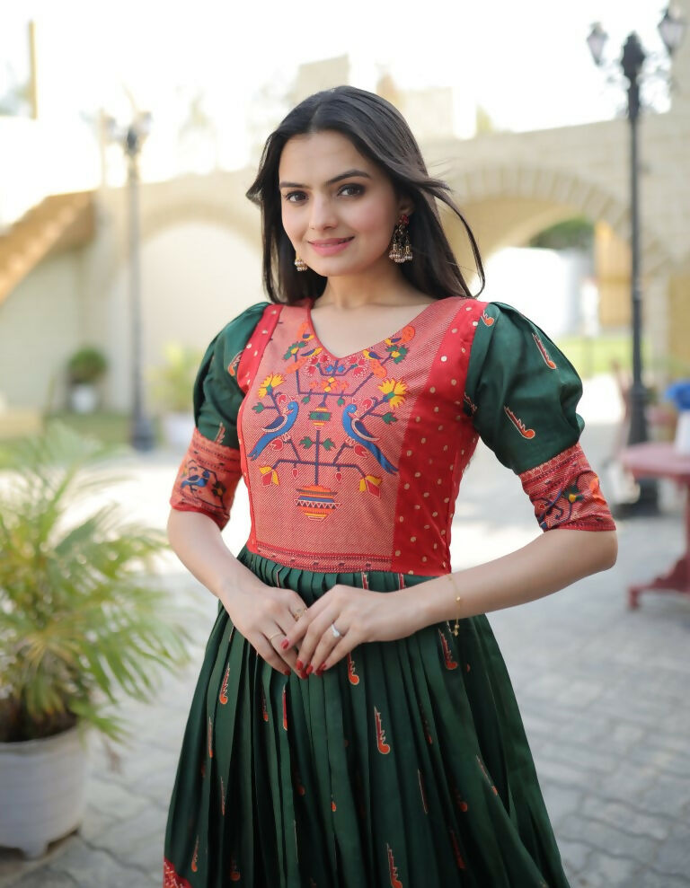 Bottle Green Patola Print Dola Silk Anarkali Dress