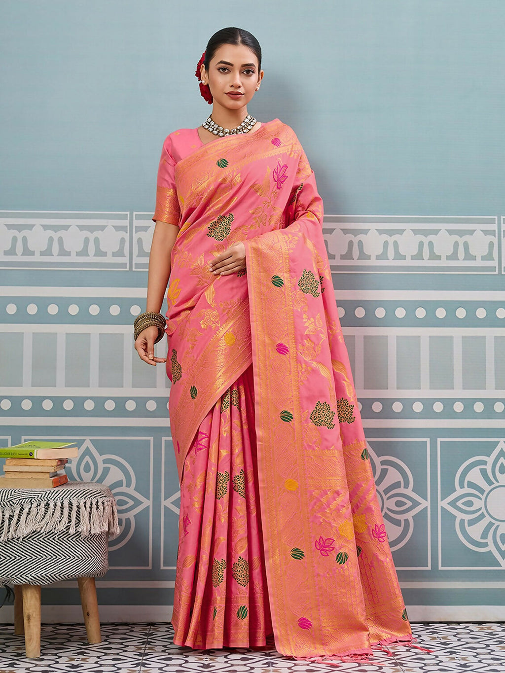Gajari colored silk saree with matching silk blouse piece