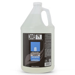 MODA 8 Series Deep Cleansing Shampoo in a 128 fl oz gallon bottle with blue and black professional labeling.