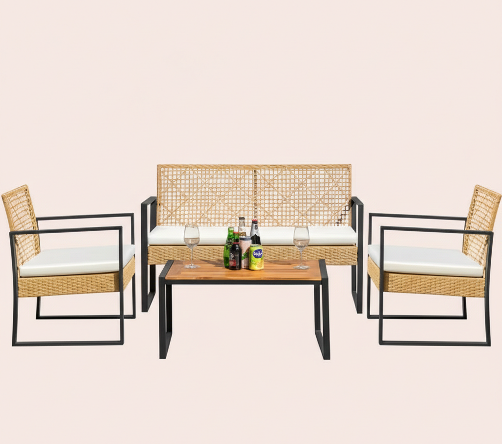 4-Piece Outdoor Patio Furniture Set with Wicker Rattan Sofa & Table