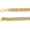 Close up of a solid 14K gold curb link chain on a neutral background.