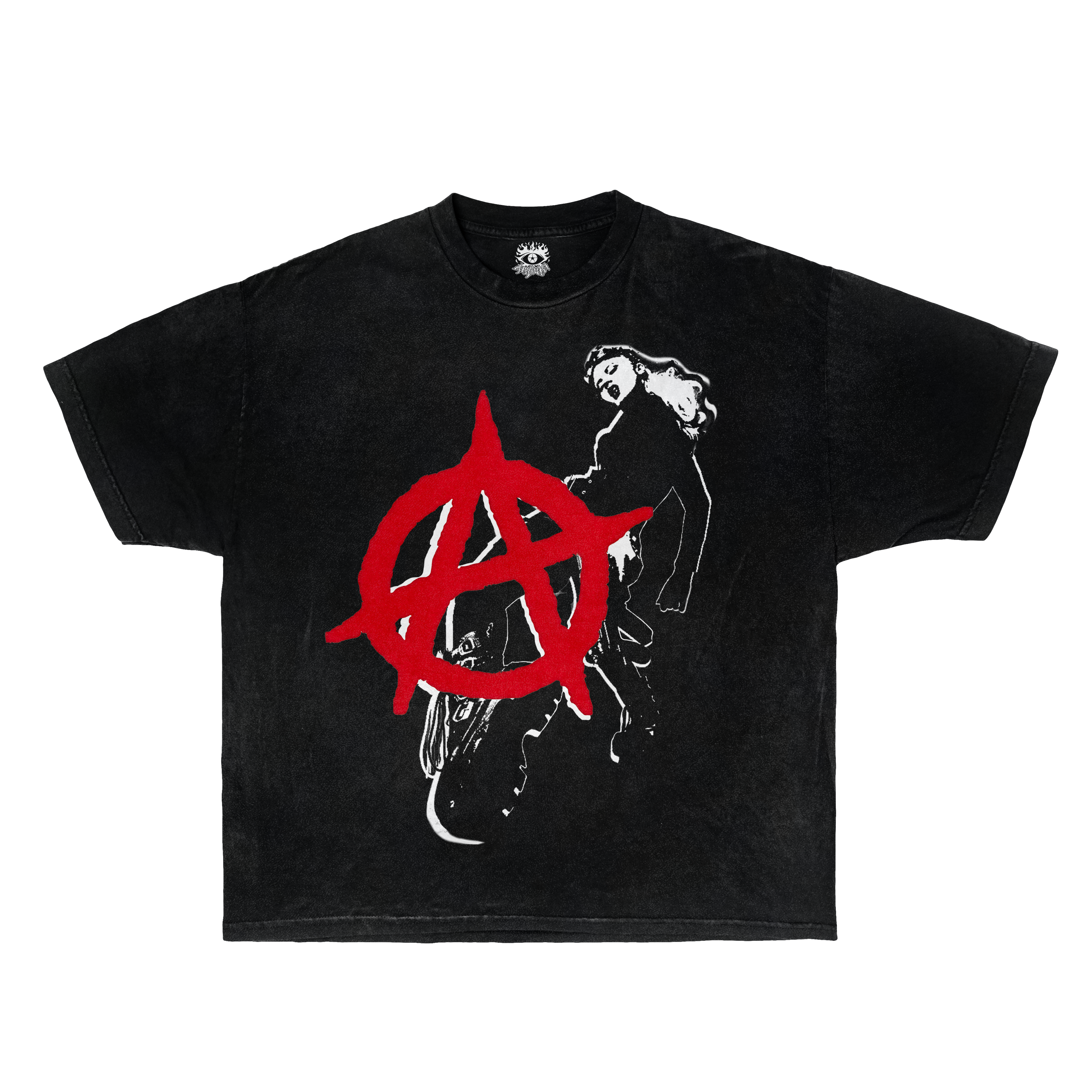 A man wearing a white graphic t-shirt with a red anarchy symbol and black print, styled with cyberpunk eyewear.