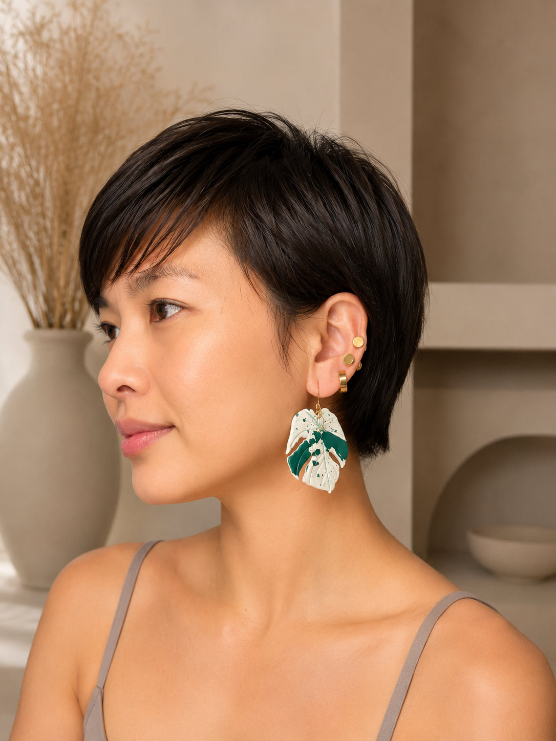 Monstera Bulbasaur Abstract Earrings - Green & White Clay