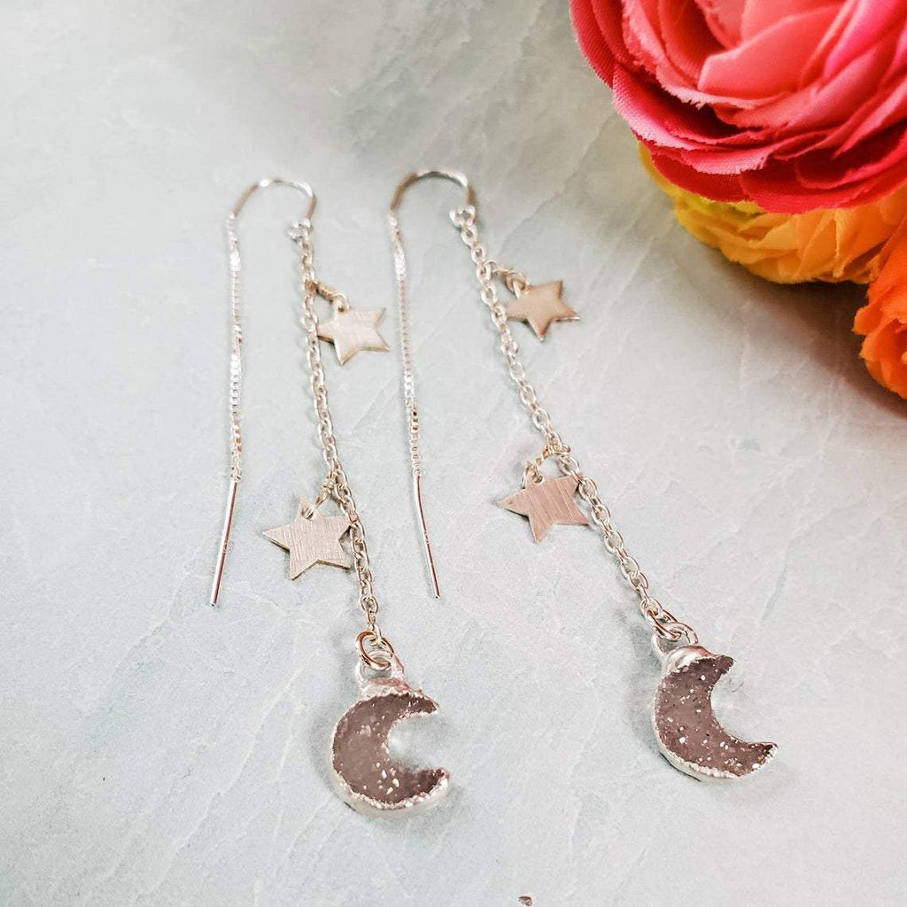 Moon and Star Druzy Threader Earrings