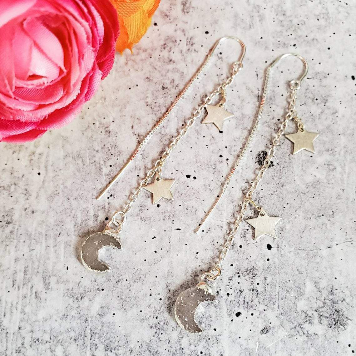 Moon and Star Druzy Threader Earrings