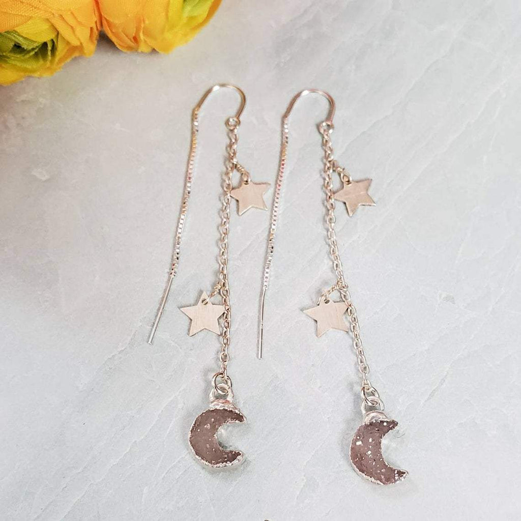 Moon and Star Druzy Threader Earrings