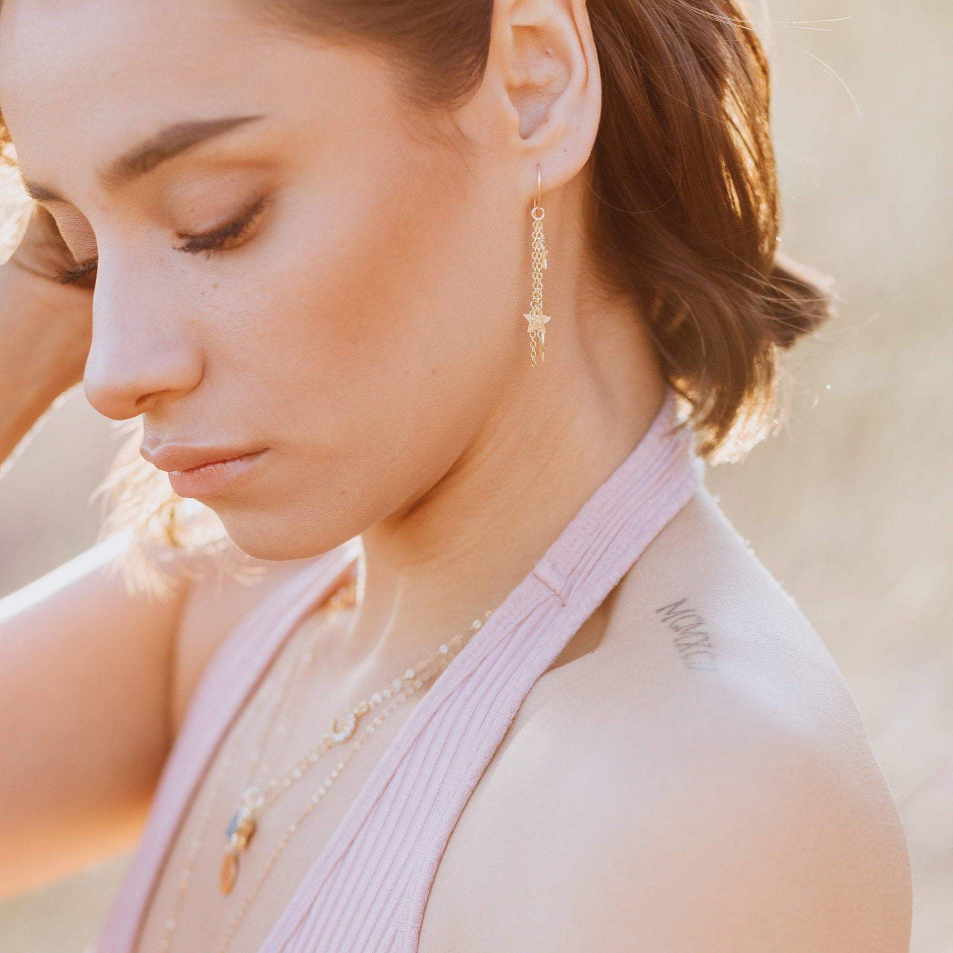 Moon and Star Druzy Threader Earrings