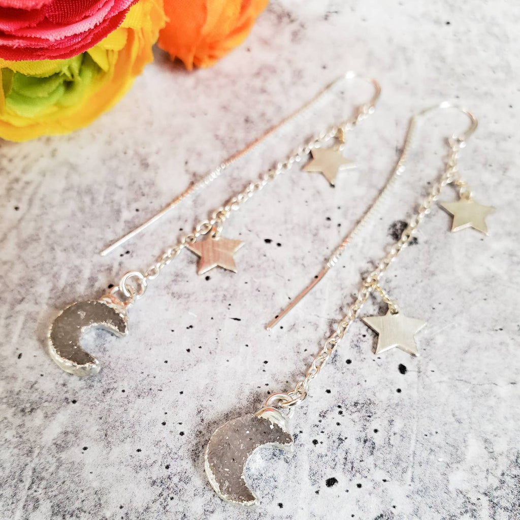 Moon and Star Druzy Threader Earrings