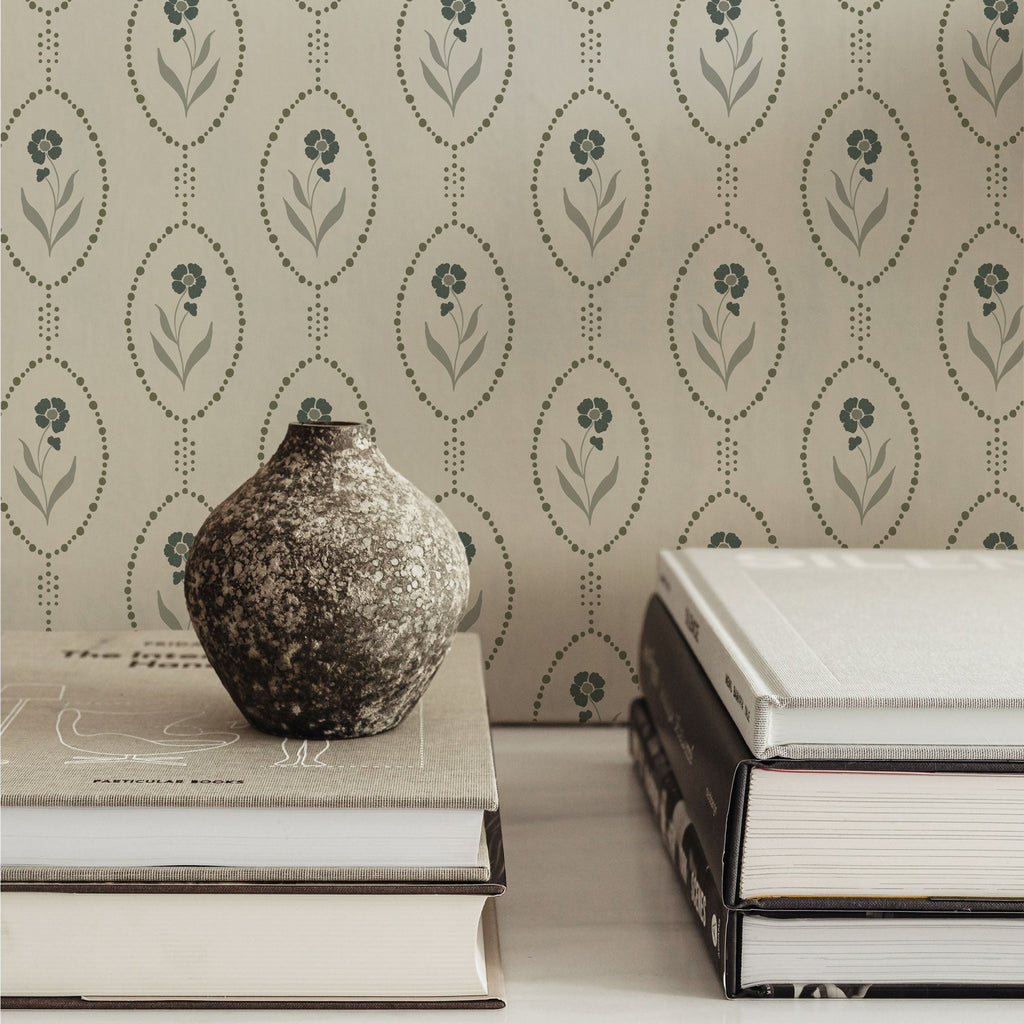 Isabella Floral Wallpaper - White, Brown & Taupe Vintage Style