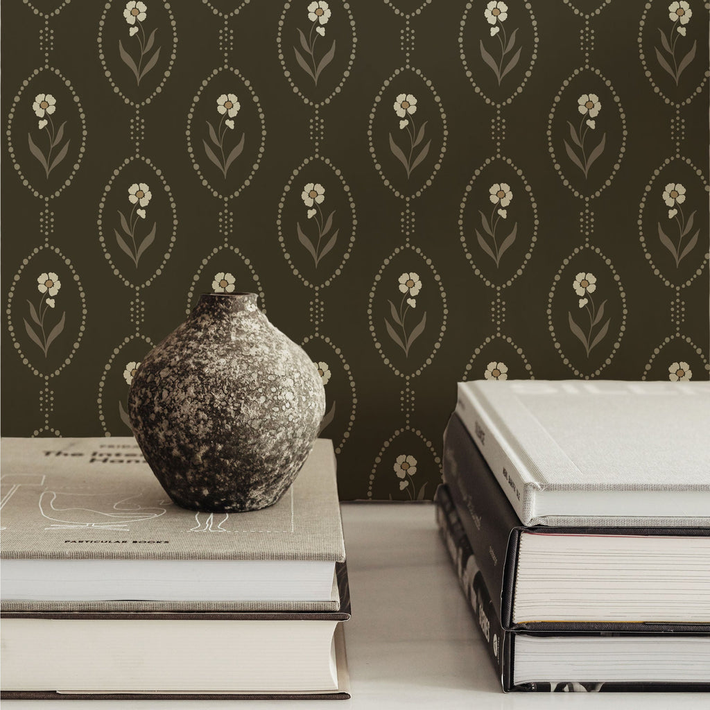 Isabella Floral Wallpaper - White, Brown & Taupe Vintage Style