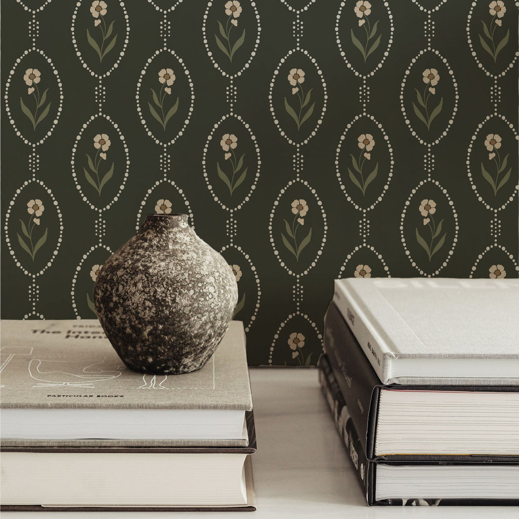 Isabella Floral Wallpaper - White, Brown & Taupe Vintage Style