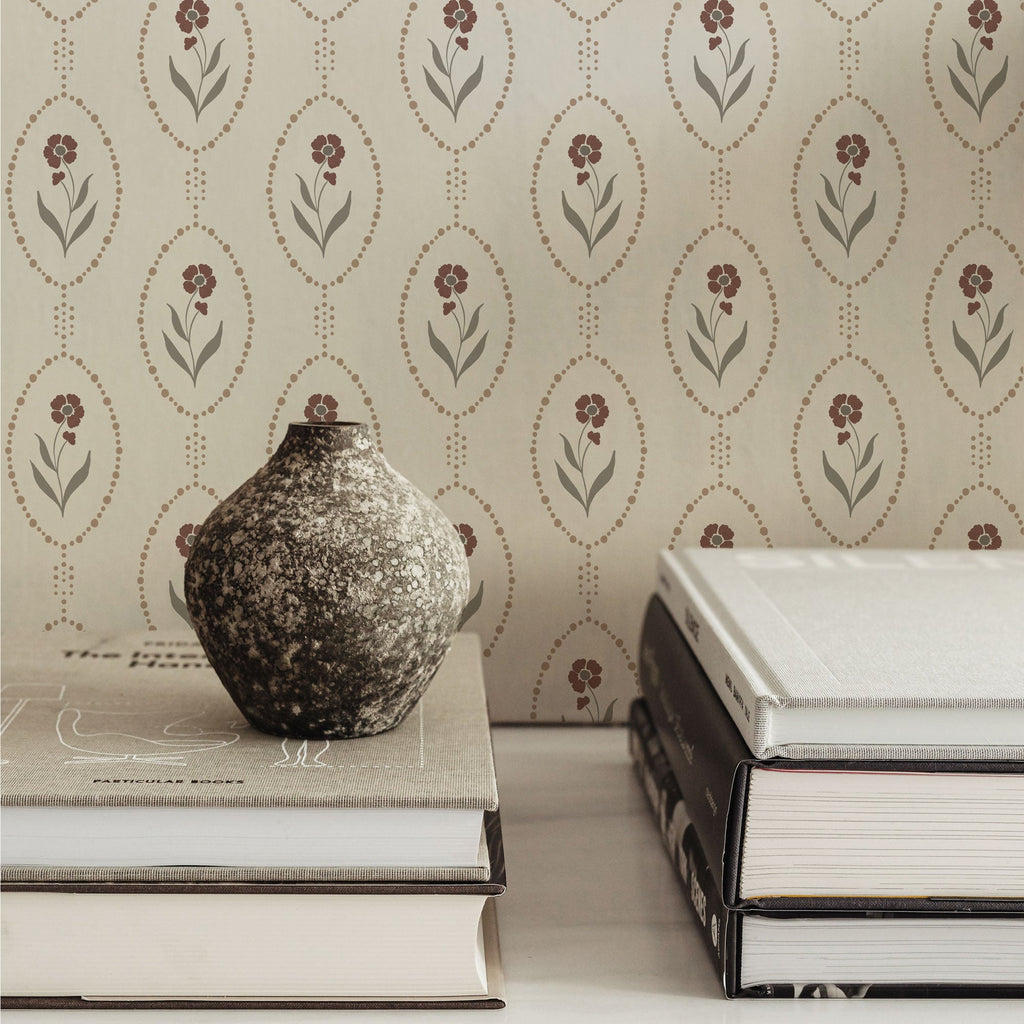 Isabella Floral Wallpaper - White, Brown & Taupe Vintage Style