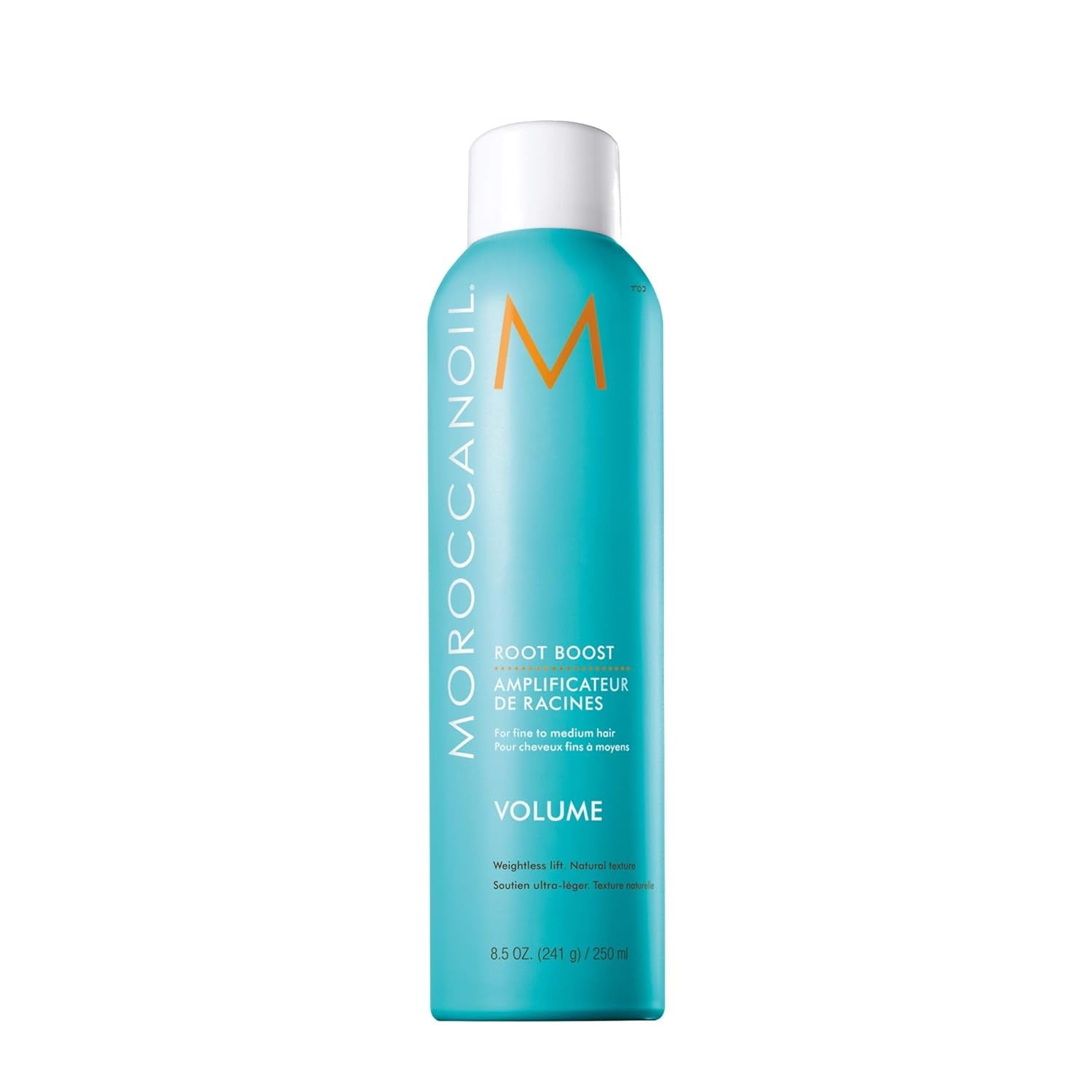 Teal Moroccanoil Root Boost volume styling spray bottle with orange branding