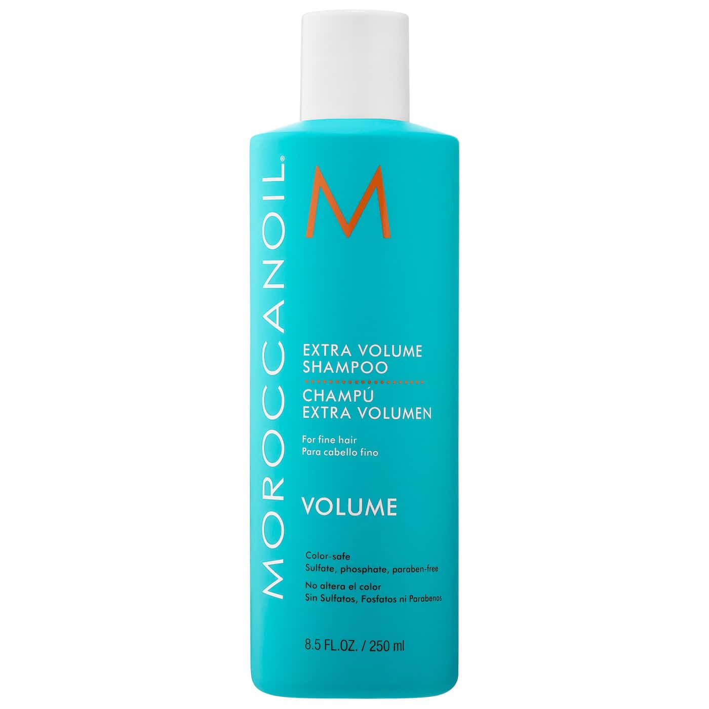 Moroccanoil Extra Volume Shampoo bottle for fine hair in a professional salon setting