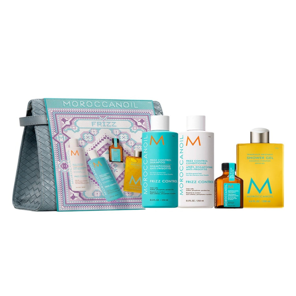 Moroccanoil Holiday Frizz Control Hair Gift Set in signature teal and amber packaging.