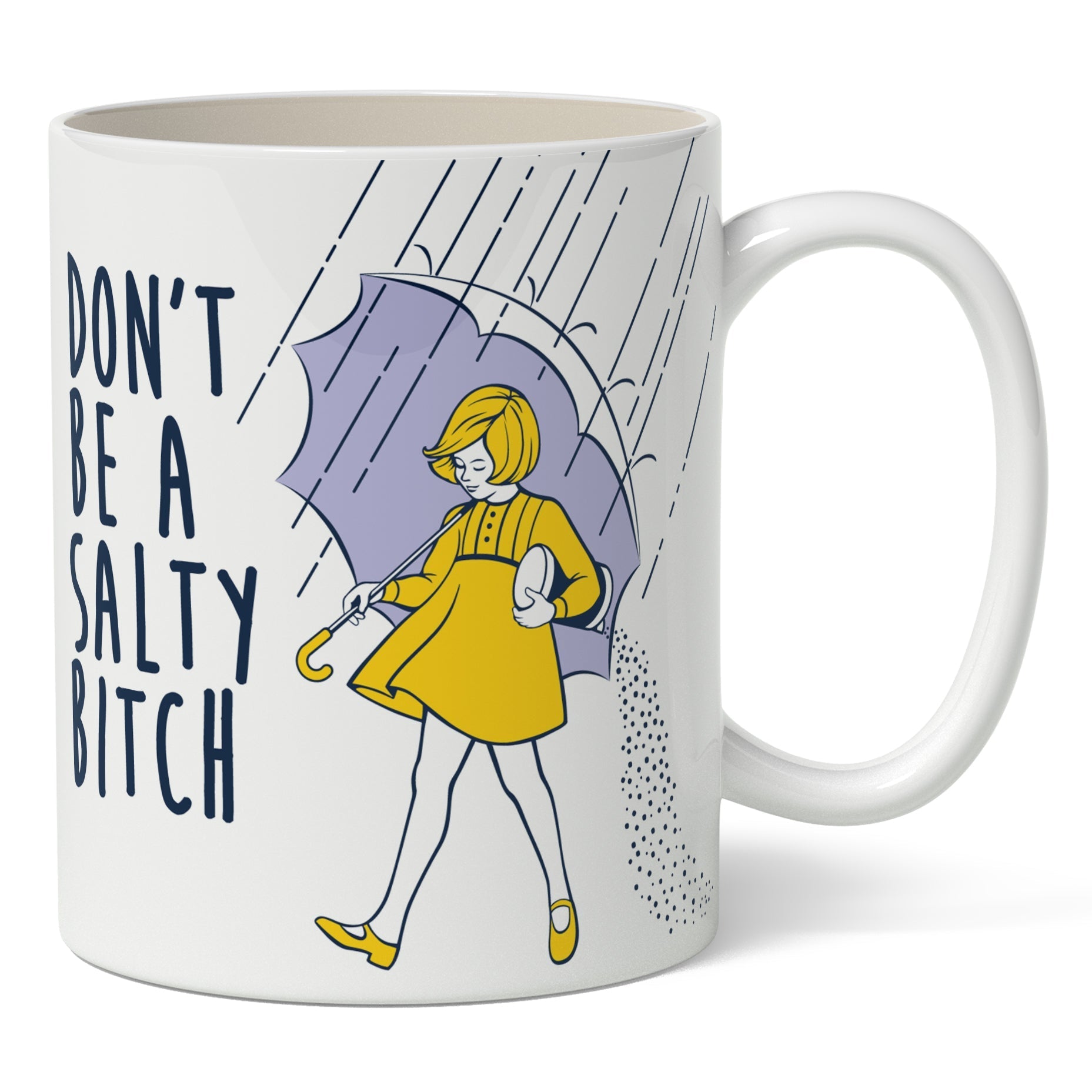 White ceramic mug with 'Don't Be A Salty B--ch' text and vintage mascot design.