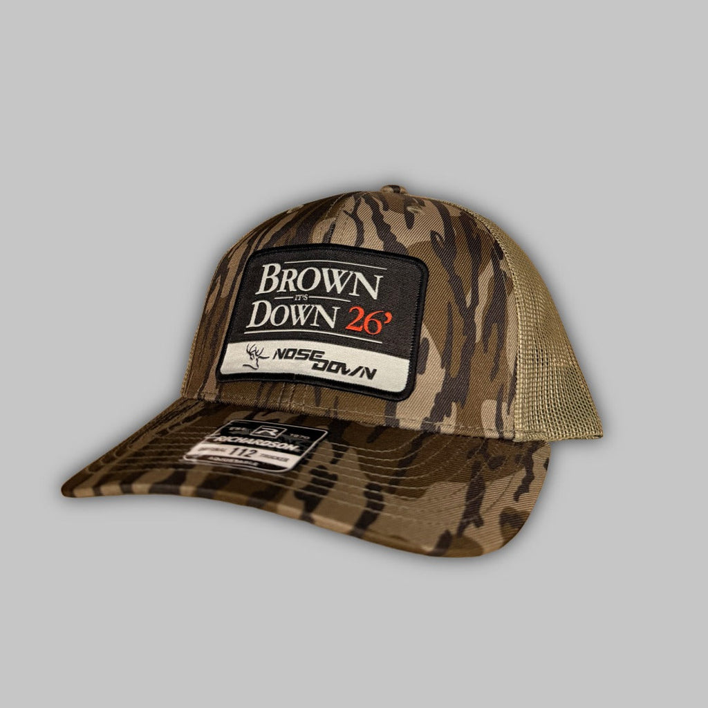 Brown Down Woven Patch Trucker Hat