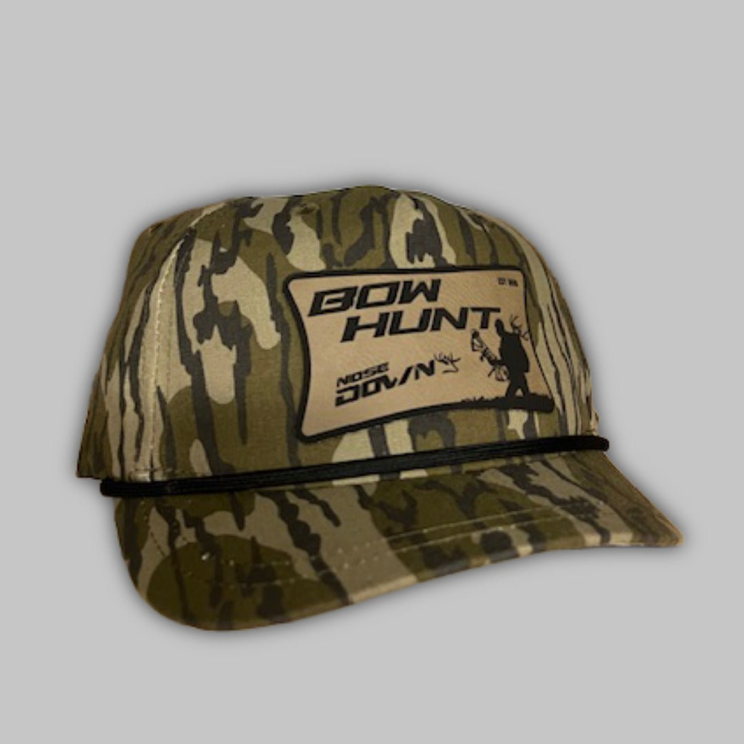 Short-billed camo bow hunting hat available in Real Tree Advantage and Mossy Oak Bottomlands patterns.